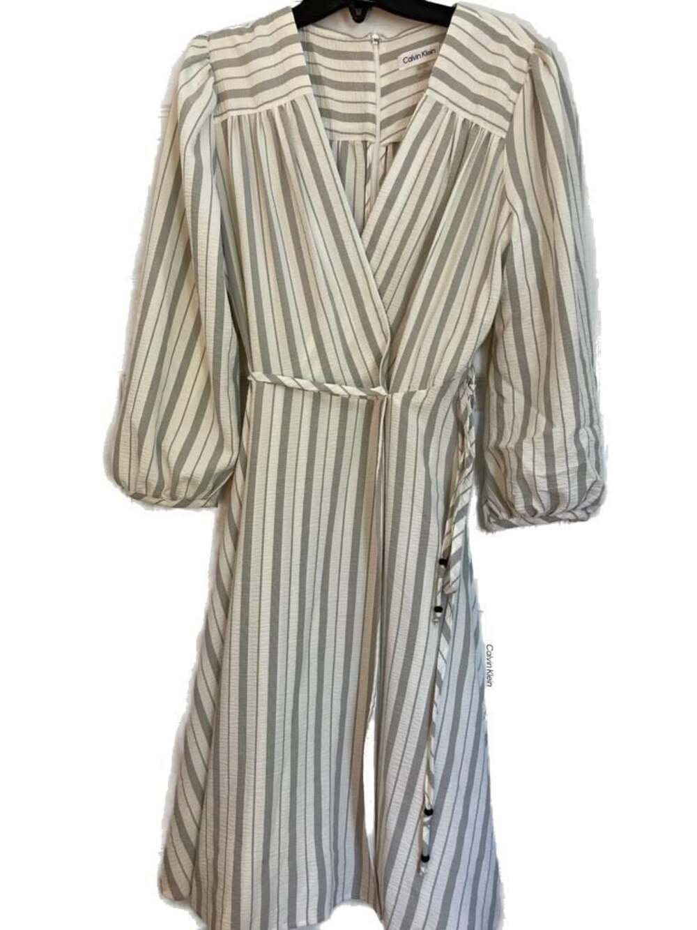 Calvin Klein Striped Seersucker V-Neck Midi Dress Size 14